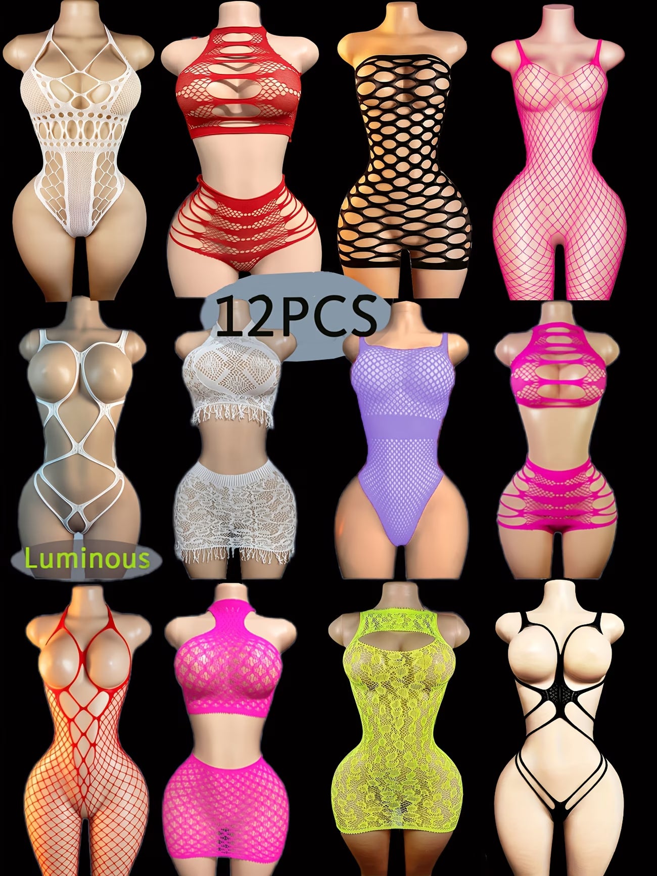 12pcs Set Women's Sexy Lingerie, Multi-Style Sexy Fishnet Bodysuit, Hollow-Out Mesh Open-Crotch Slim-Fit Bodystocking, Sexy Suspender Fishnet Alluring Bodysuit, Chest-Revealing Sheer Open-Crotch No-Removal Seductive Stockings, Tight-fitting Bodysuit
