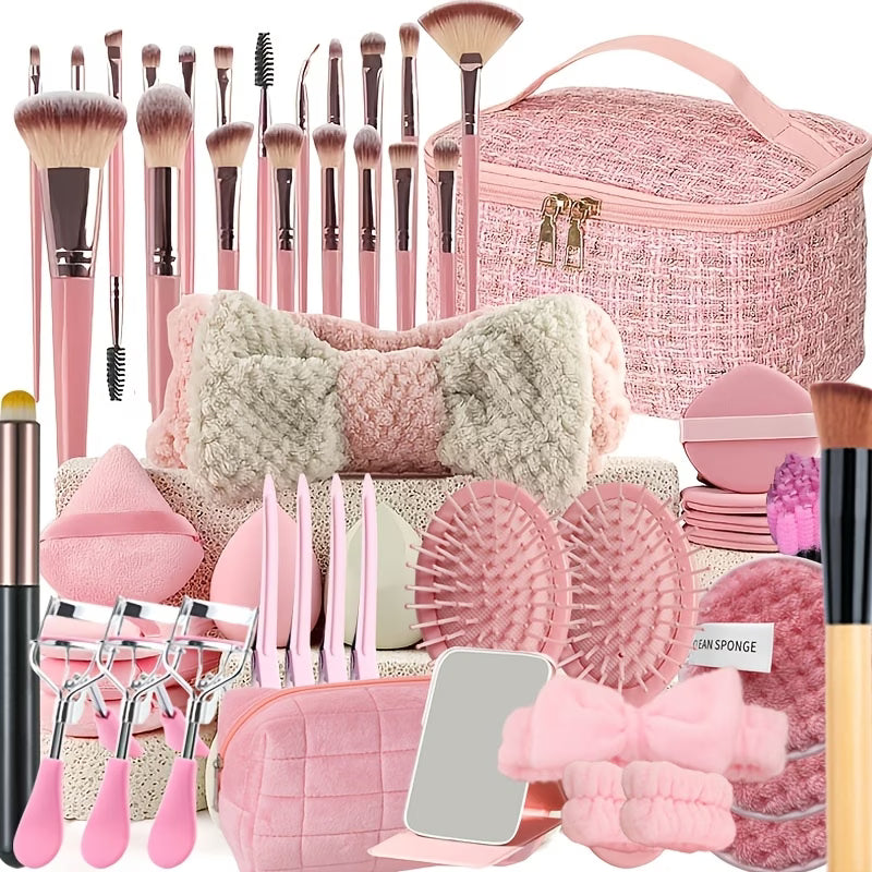 74pcs Professional Beauty Tool Set, Including Pink Makeup Brushes, Sponges And Makeup Pads