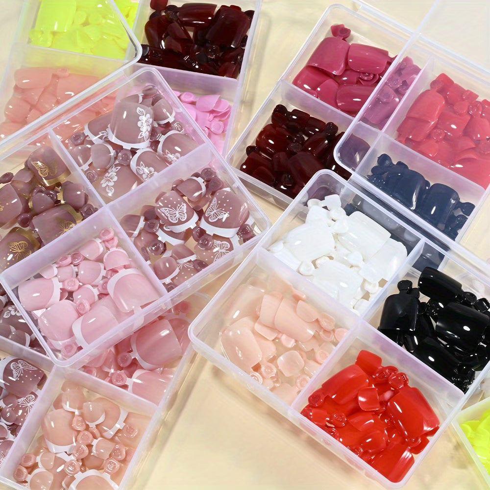 96pcs White Flower French & Solid Colors Design Fake Toe Nails