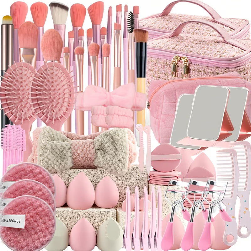 74pcs Professional Beauty Tool Set, Including Pink Makeup Brushes, Sponges And Makeup Pads