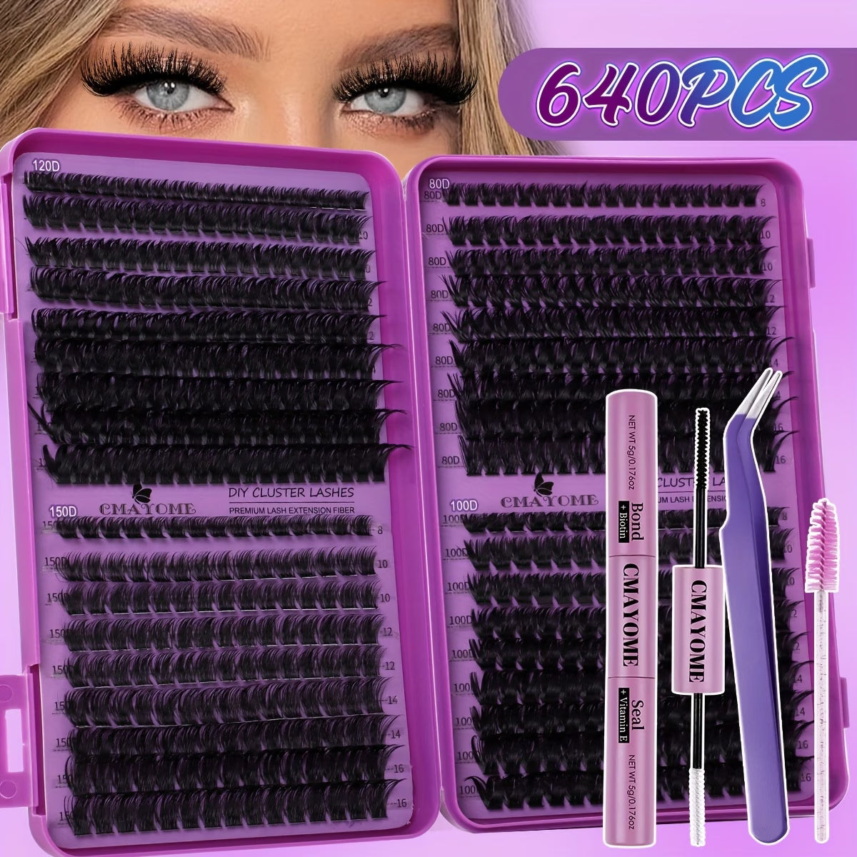 640/800pcs D Curl Individual Eyelashes Clusters with Bond And Seal, Tweezers, Brush Set Beginner Friendly