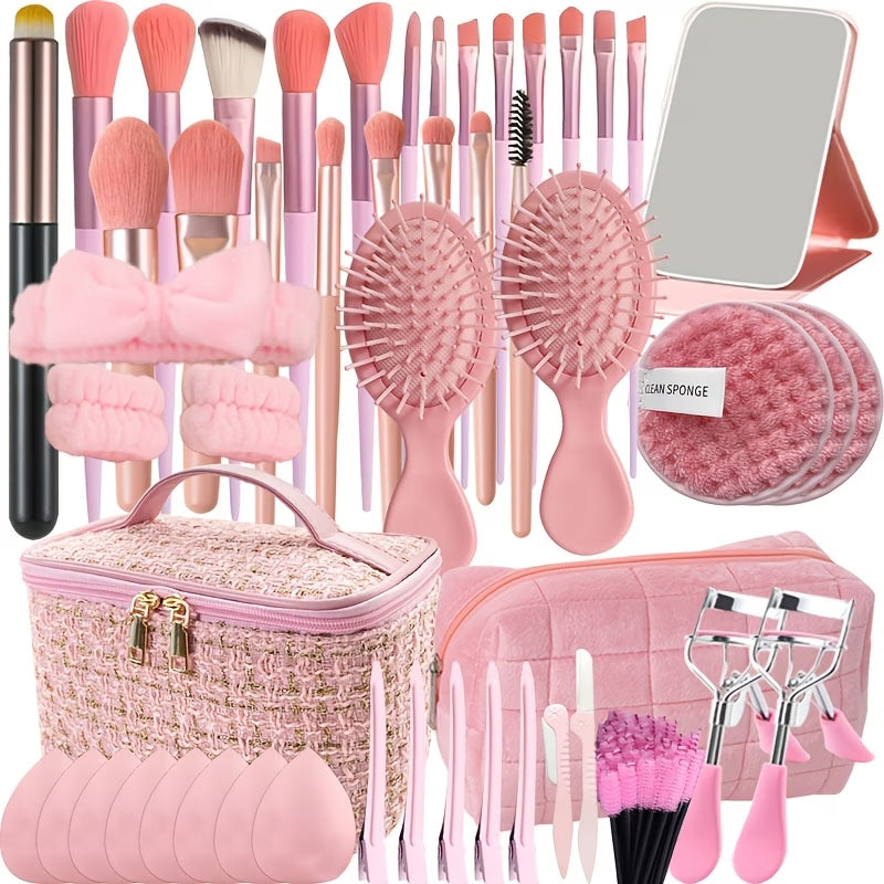 74pcs Professional Beauty Tool Set, Including Pink Makeup Brushes, Sponges And Makeup Pads