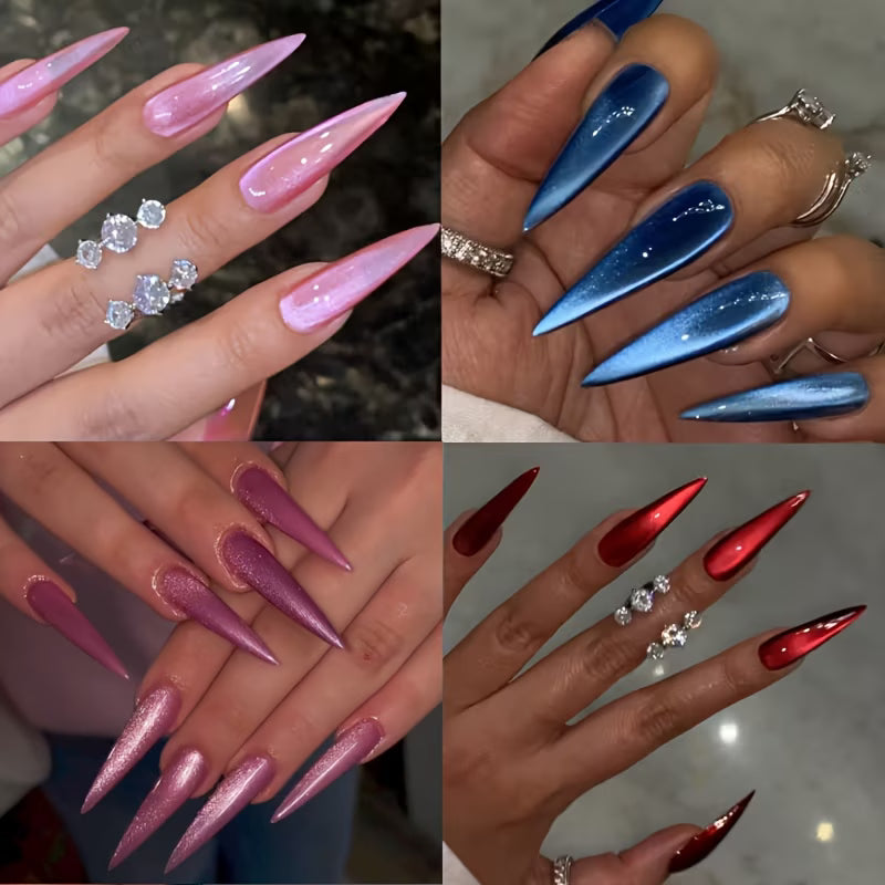 96pcs Super Long Almond Cat Eye Press-On Nails, Pink, Blue, Purple, Red 4-in-1 Box Set