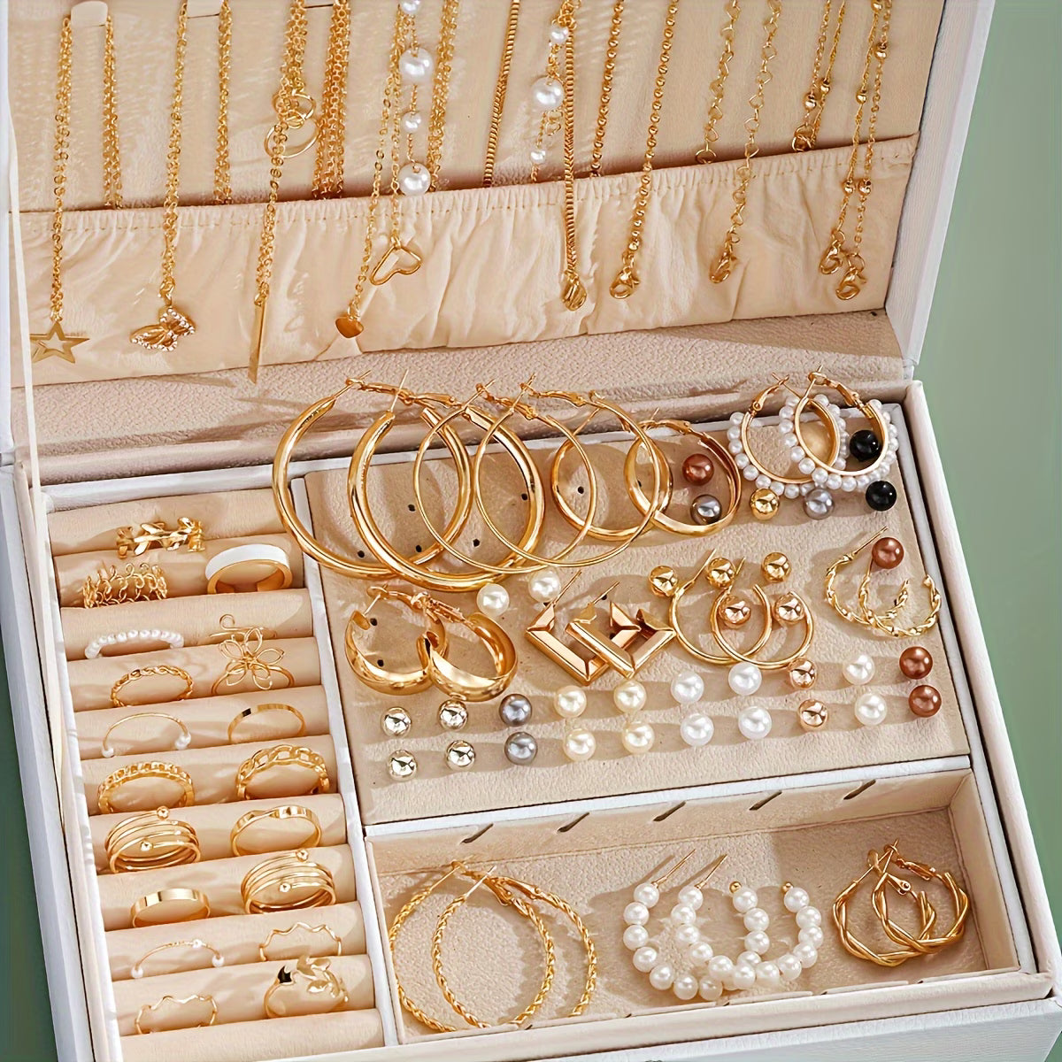 A Set of 86 Vintage-Style Elegant Necklaces, Earrings, Rings, And Studs