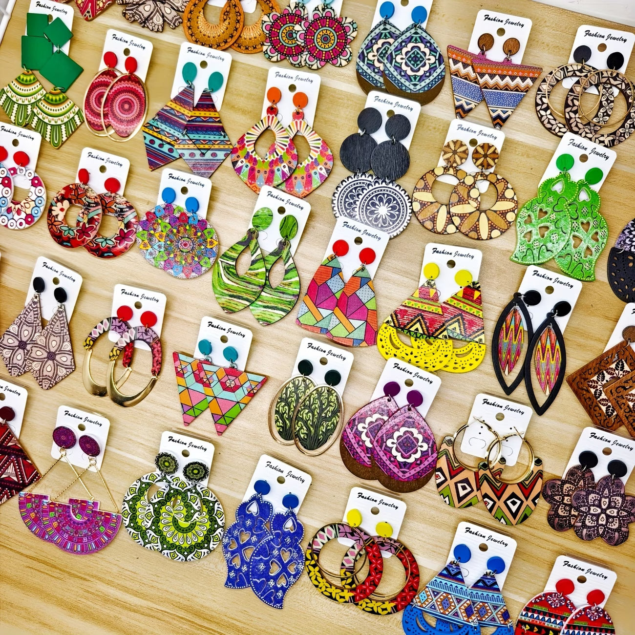 12 Pairs of Vibrant Wooden Lady Pendant Earrings in a Bohemian Style