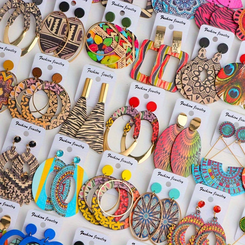 12 Pairs of Vibrant Wooden Lady Pendant Earrings in a Bohemian Style