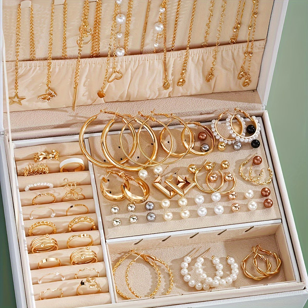 A Set of 86 Vintage-Style Elegant Necklaces, Earrings, Rings, And Studs