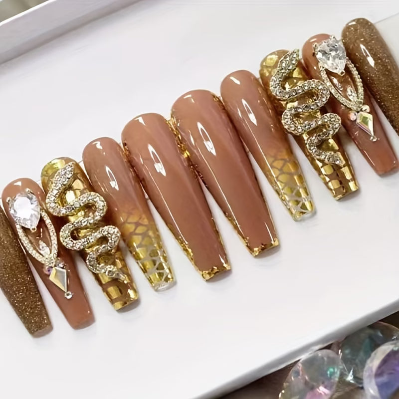 24pcs long ballet-style elegant and cool Golden grid glitter rhinestone