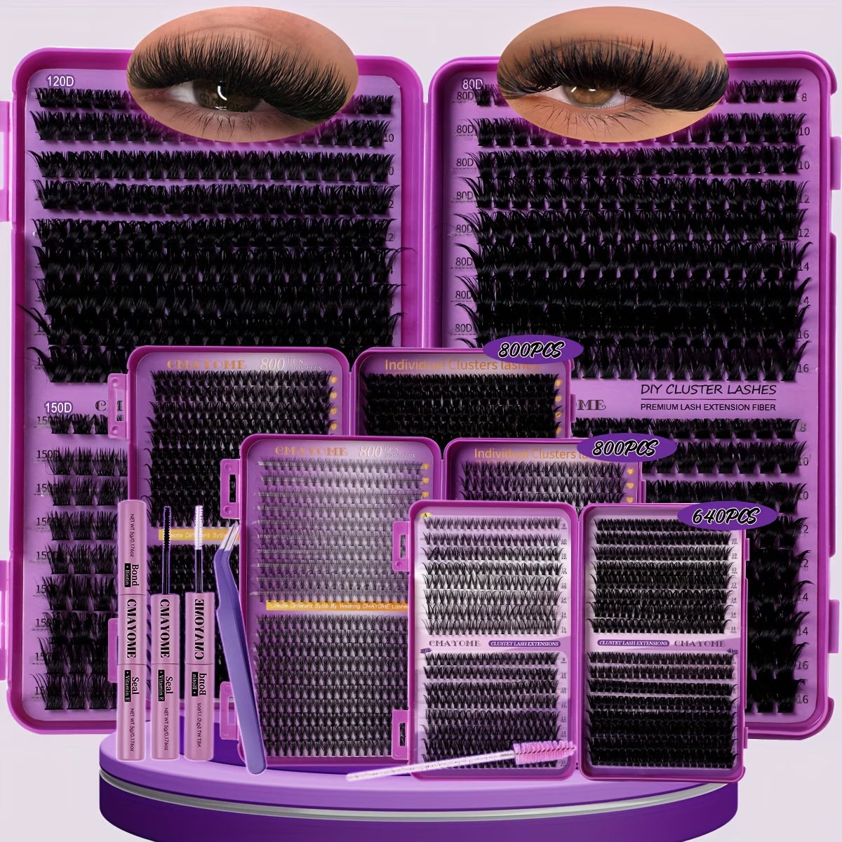 640/800pcs D Curl Individual Eyelashes Clusters with Bond And Seal, Tweezers, Brush Set Beginner Friendly